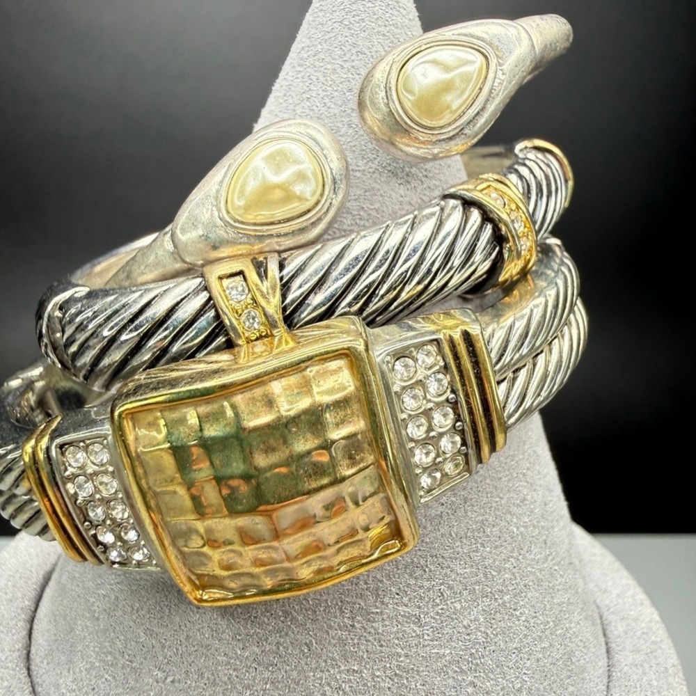 Vintage Cable Cuff Hinge Bracelet Lot of 3 Silver Tone Gold Tone